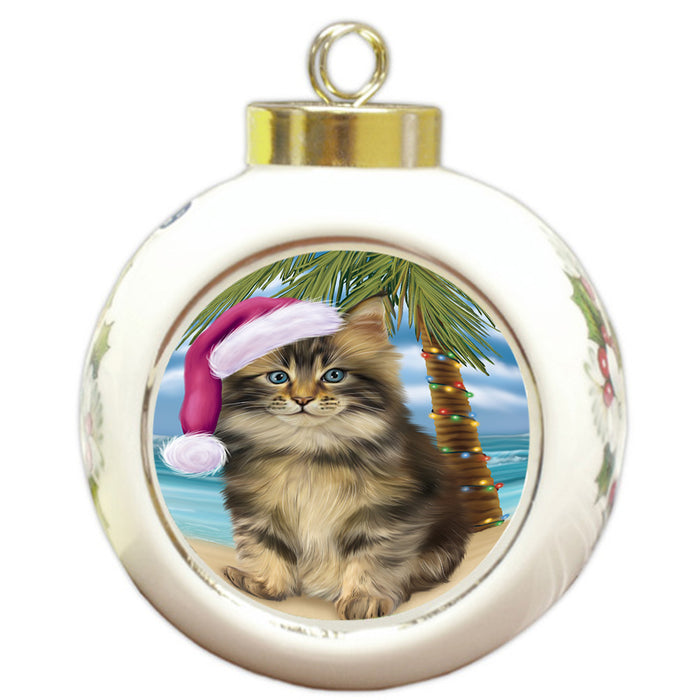 Summertime Happy Holidays Christmas Maine Coon Cat on Tropical Island Beach Round Ball Christmas Ornament RBPOR54569
