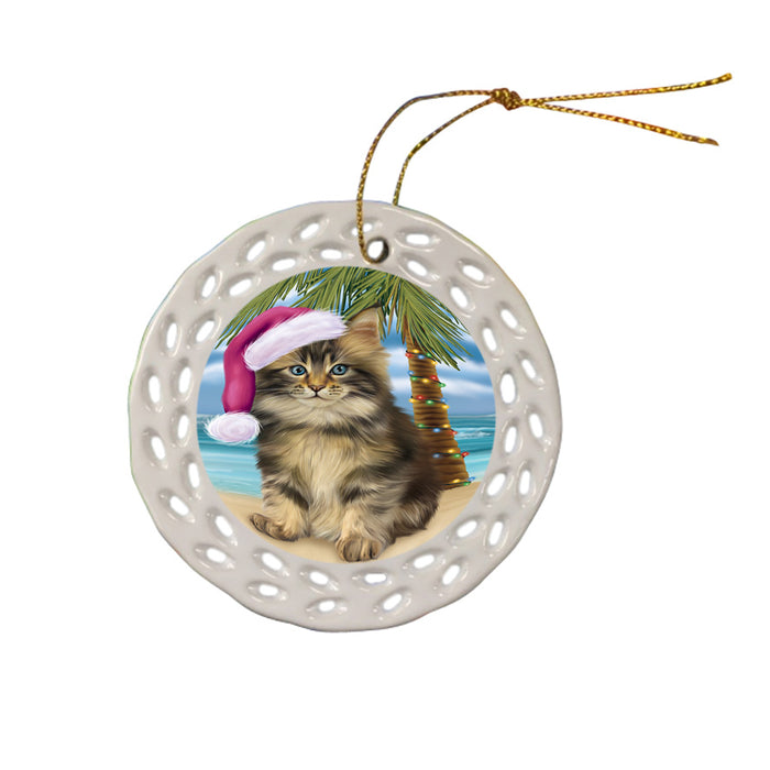 Summertime Happy Holidays Christmas Maine Coon Cat on Tropical Island Beach Ceramic Doily Ornament DPOR54569