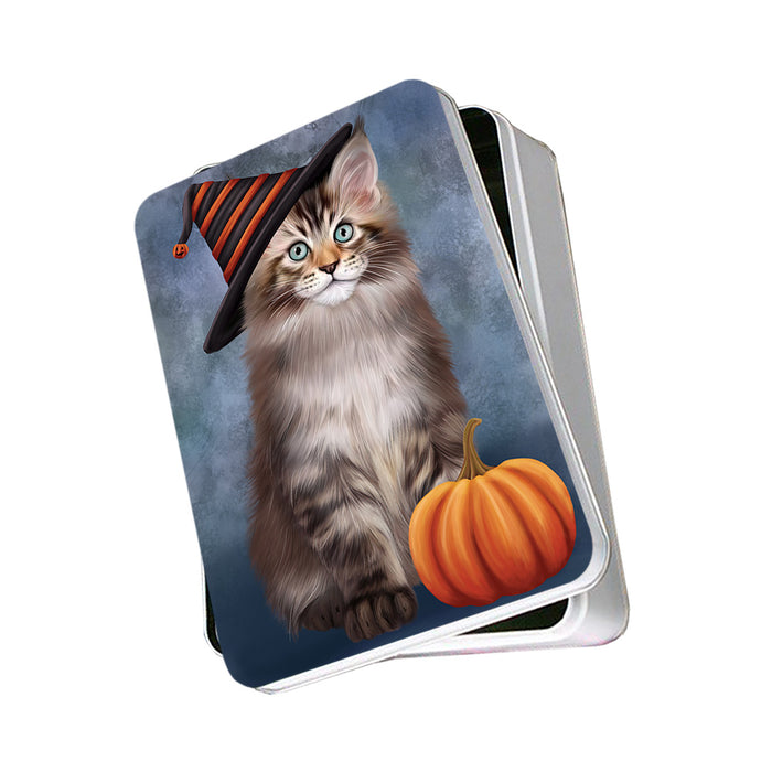 Happy Halloween Maine Coon Cat Wearing Witch Hat with Pumpkin Photo Storage Tin PITN54680