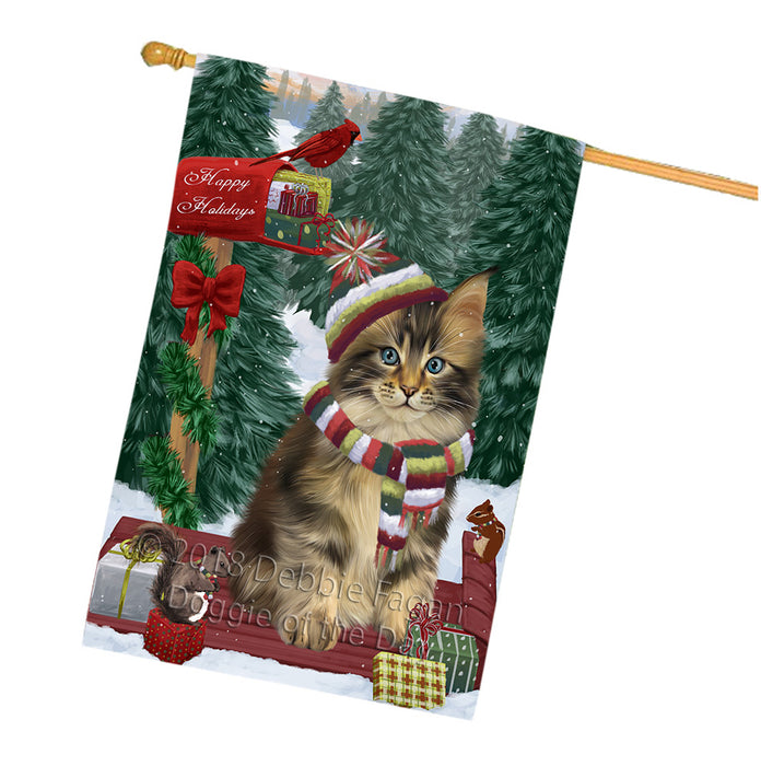 Merry Christmas Woodland Sled Maine Coon Cat House Flag FLG55398