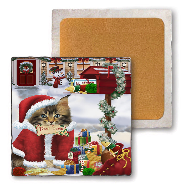 Maine Coon Cat Dear Santa Letter Christmas Holiday Mailbox Set of 4 Natural Stone Marble Tile Coasters MCST48545