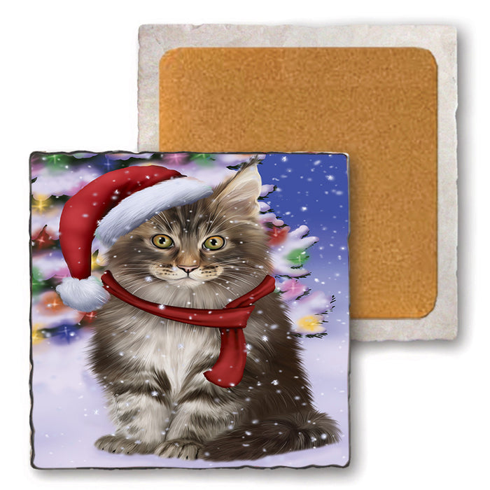 Winterland Wonderland Maine Coon Cat In Christmas Holiday Scenic Background Set of 4 Natural Stone Marble Tile Coasters MCST48767