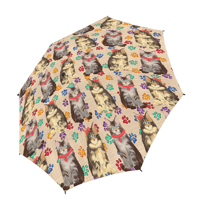Rainbow Paw Print Maine Coon Cats Red Semi-Automatic Foldable Umbrella