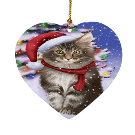 Winterland Wonderland Maine Coon Cat In Christmas Holiday Scenic Background Heart Christmas Ornament HPOR53767
