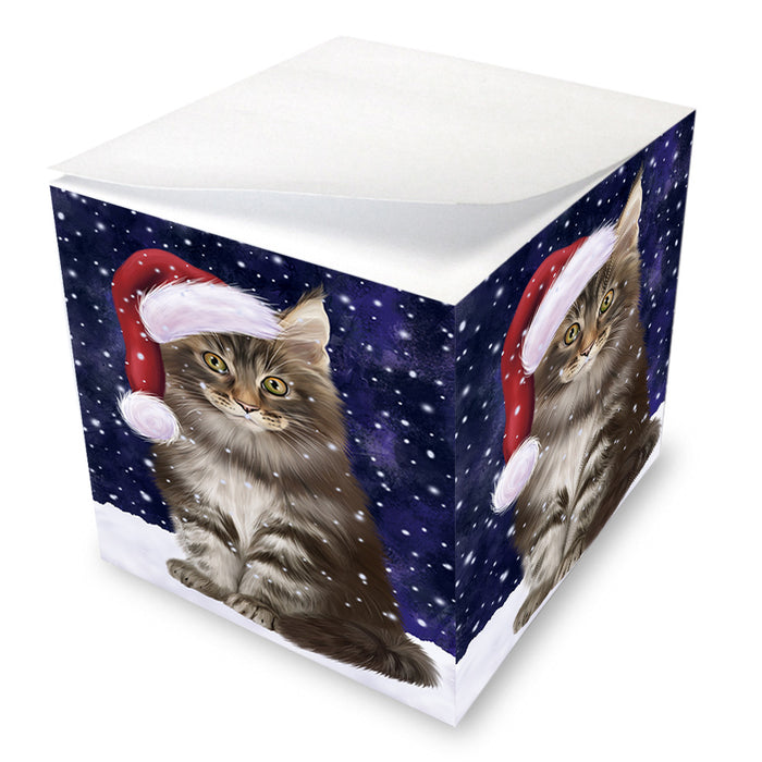 Let it Snow Christmas Holiday Maine Coon Cat Wearing Santa Hat Note Cube NOC55956