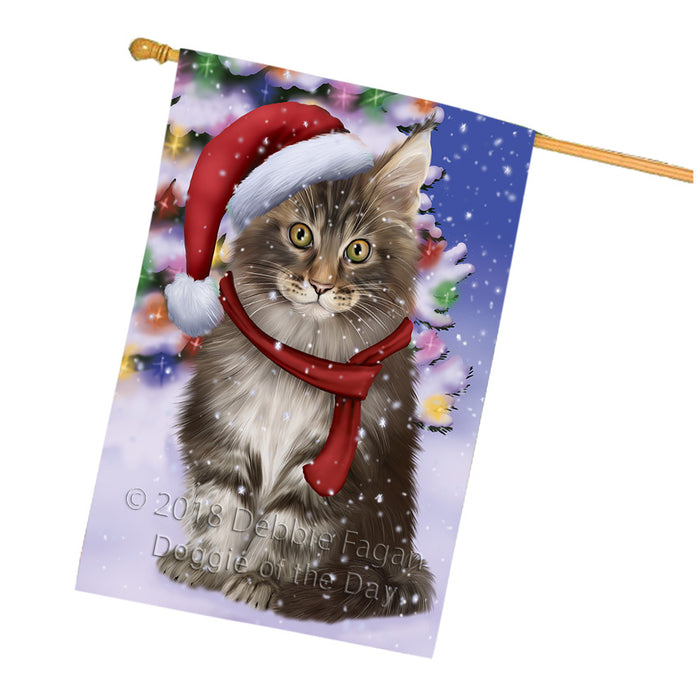 Winterland Wonderland Maine Coon Cat In Christmas Holiday Scenic Background House Flag FLG53965