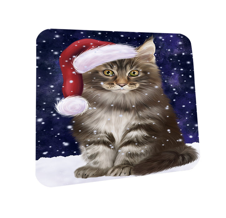 Let it Snow Christmas Holiday Maine Coon Cat Wearing Santa Hat Coasters Set of 4 CST54268