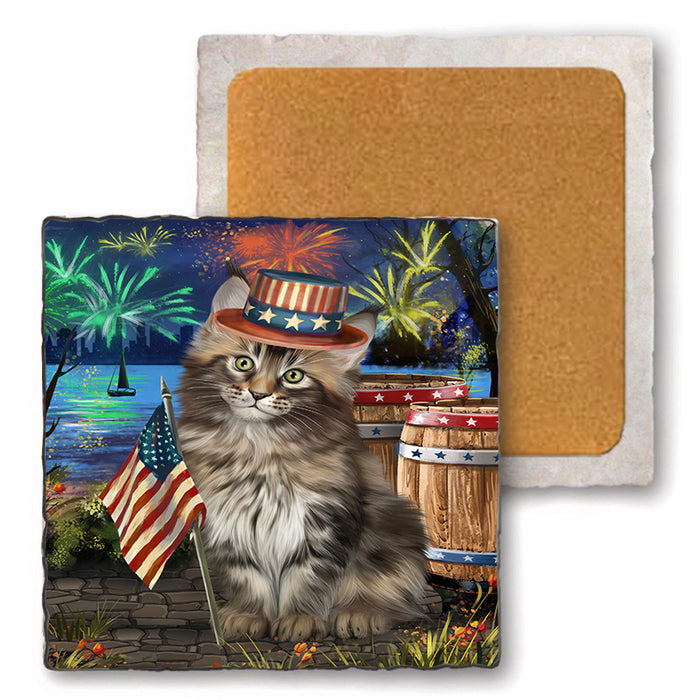 4th of July Independence Day Firework Maine Coon Cat Set of 4 Natural Stone Marble Tile Coasters MCST49053
