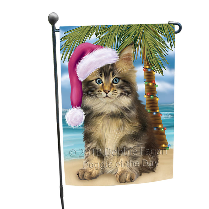 Summertime Happy Holidays Christmas Maine Coon Cat on Tropical Island Beach Garden Flag GFLG54631
