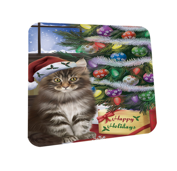 Christmas Happy Holidays Maine Coon Cat with Tree and Presents Coasters Set of 4 CST53422