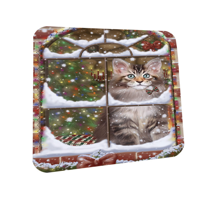 Please Come Home For Christmas Maine Coon Cat Sitting In Window Coasters Set of 4 CST53596