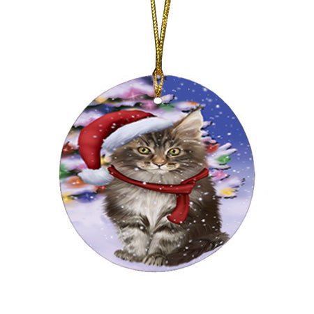 Winterland Wonderland Maine Coon Cat In Christmas Holiday Scenic Background Round Flat Christmas Ornament RFPOR53758