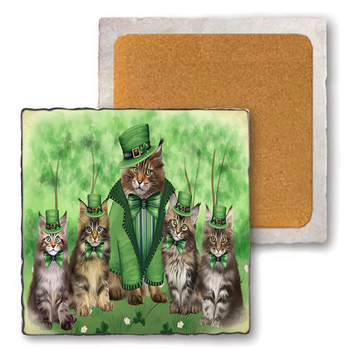 St. Patricks Day Irish Portrait Maine Coon Cats Set of 4 Natural Stone Marble Tile Coasters MCST52021