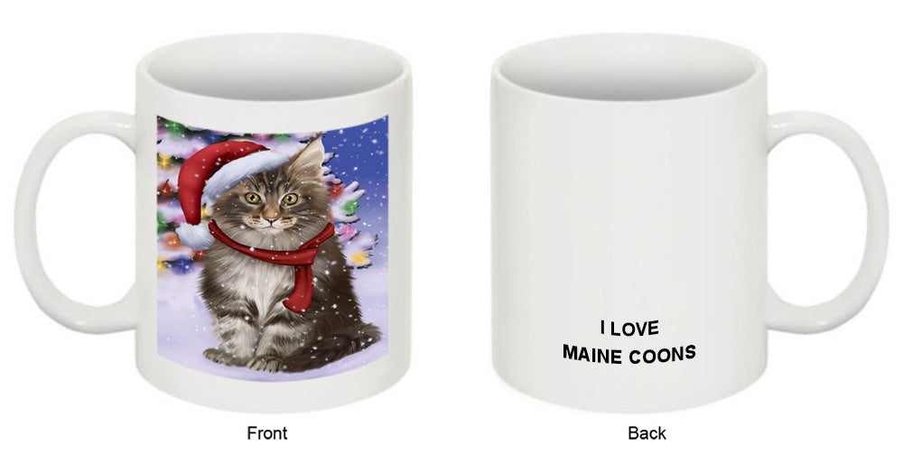 Winterland Wonderland Maine Coon Cat In Christmas Holiday Scenic Background Coffee Mug MUG49165