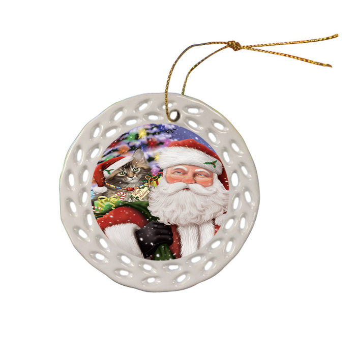 Santa Carrying Maine Coon Cat and Christmas Presents Ceramic Doily Ornament DPOR53695