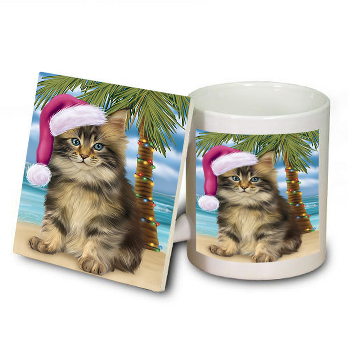 Summertime Happy Holidays Christmas Maine Coon Cat on Tropical Island Beach Mug and Coaster Set MUC54433