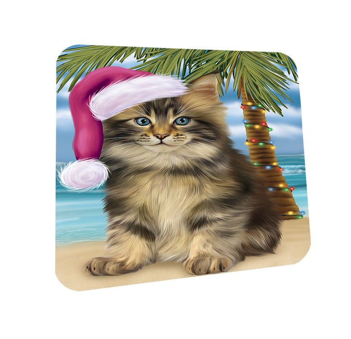 Summertime Happy Holidays Christmas Maine Coon Cat on Tropical Island Beach Coasters Set of 4 CST54399