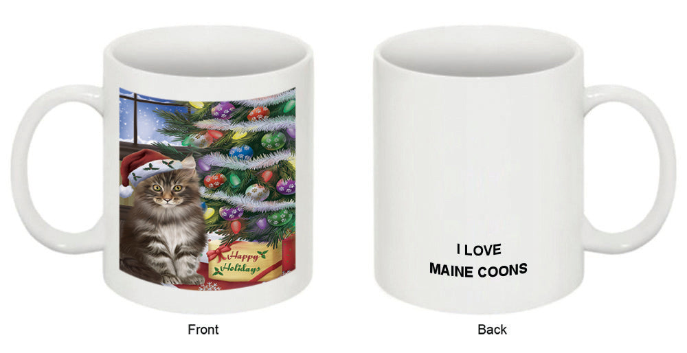 Christmas Happy Holidays Maine Coon Cat with Tree and Presents Coffee Mug MUG48862