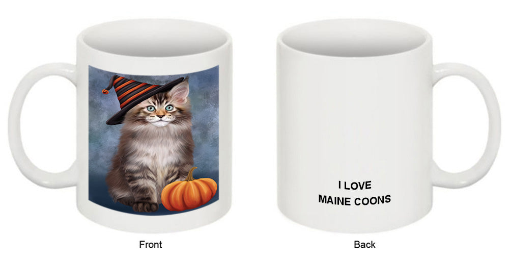 Happy Halloween Maine Coon Cat Wearing Witch Hat with Pumpkin Coffee Mug MUG50135