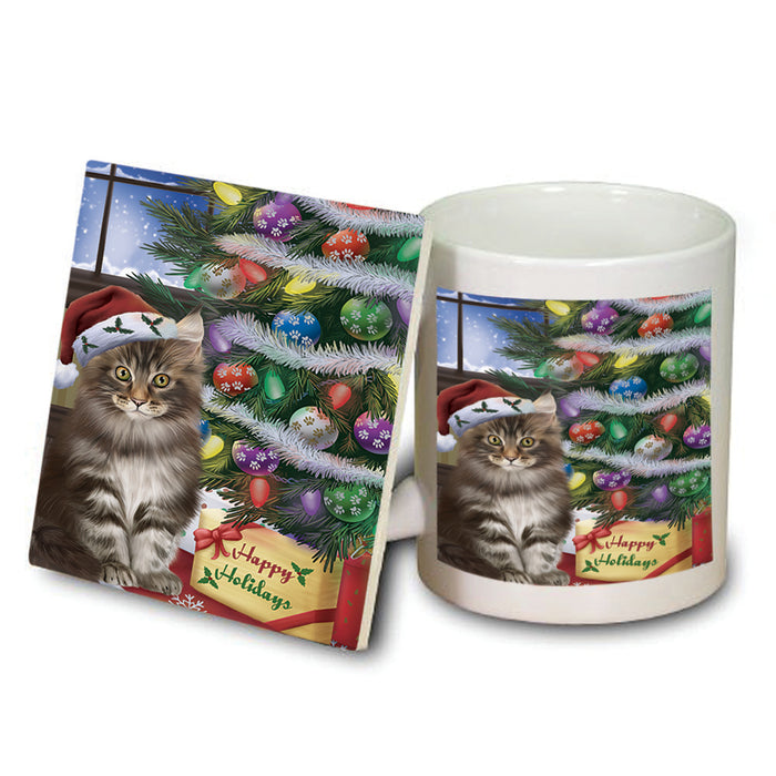 Christmas Happy Holidays Maine Coon Cat with Tree and Presents Mug and Coaster Set MUC53456