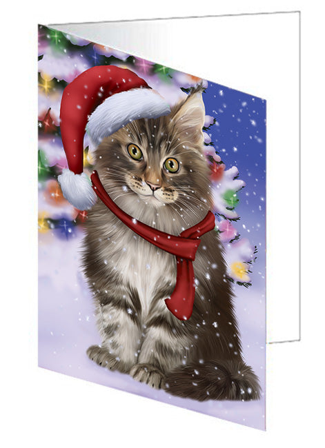 Winterland Wonderland Maine Coon Cat In Christmas Holiday Scenic Background Handmade Artwork Assorted Pets Greeting Cards and Note Cards with Envelopes for All Occasions and Holiday Seasons GCD65330