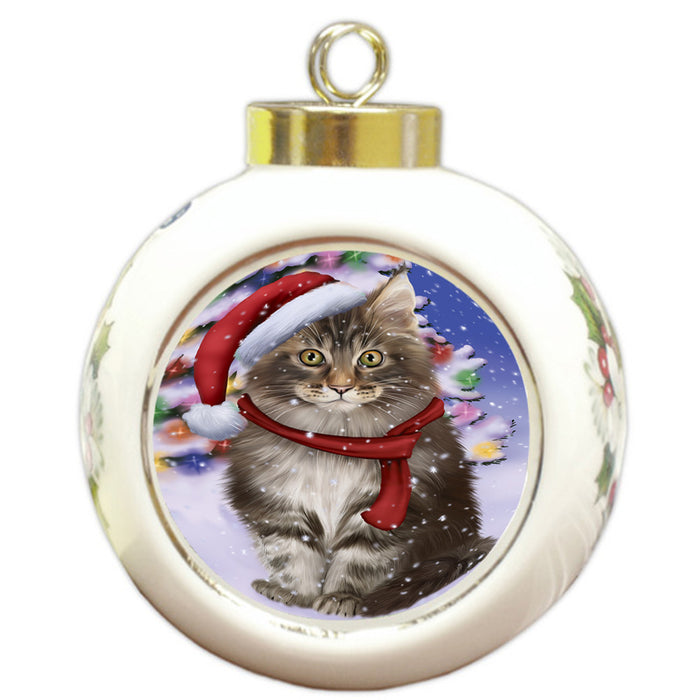 Winterland Wonderland Maine Coon Cat In Christmas Holiday Scenic Background Round Ball Christmas Ornament RBPOR53767