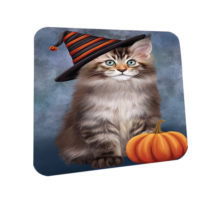 Happy Halloween Maine Coon Cat Wearing Witch Hat with Pumpkin Coasters Set of 4 CST54695