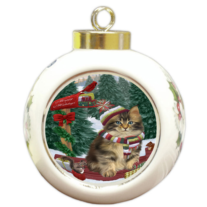 Merry Christmas Woodland Sled Maine Coon Cat Round Ball Christmas Ornament RBPOR55325