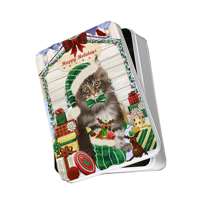 Happy Holidays Christmas Maine Coon Cat With Presents Photo Storage Tin PITN52675
