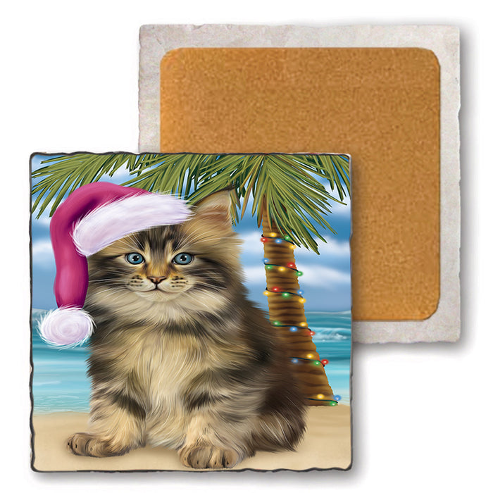 Summertime Happy Holidays Christmas Maine Coon Cat on Tropical Island Beach Set of 4 Natural Stone Marble Tile Coasters MCST49441