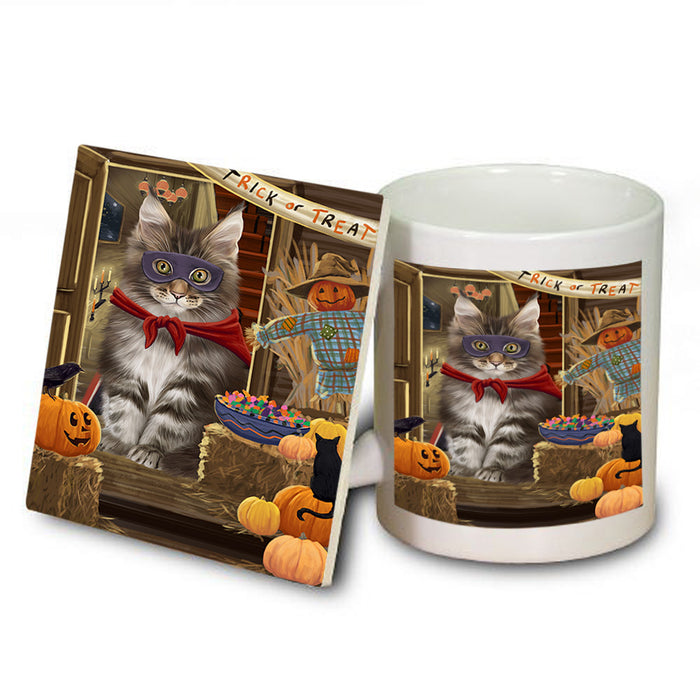 Enter at Own Risk Trick or Treat Halloween Maine Coon Cat Mug and Coaster Set MUC53177