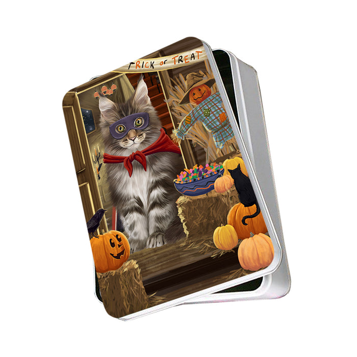 Enter at Own Risk Trick or Treat Halloween Maine Coon Cat Photo Storage Tin PITN53185