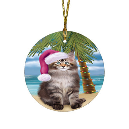 Summertime Happy Holidays Christmas Maine Coon Cat on Tropical Island Beach Round Flat Christmas Ornament RFPOR54561