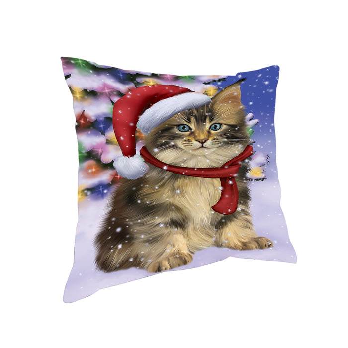 Winterland Wonderland Maine Coon Cat In Christmas Holiday Scenic Background Pillow PIL71696