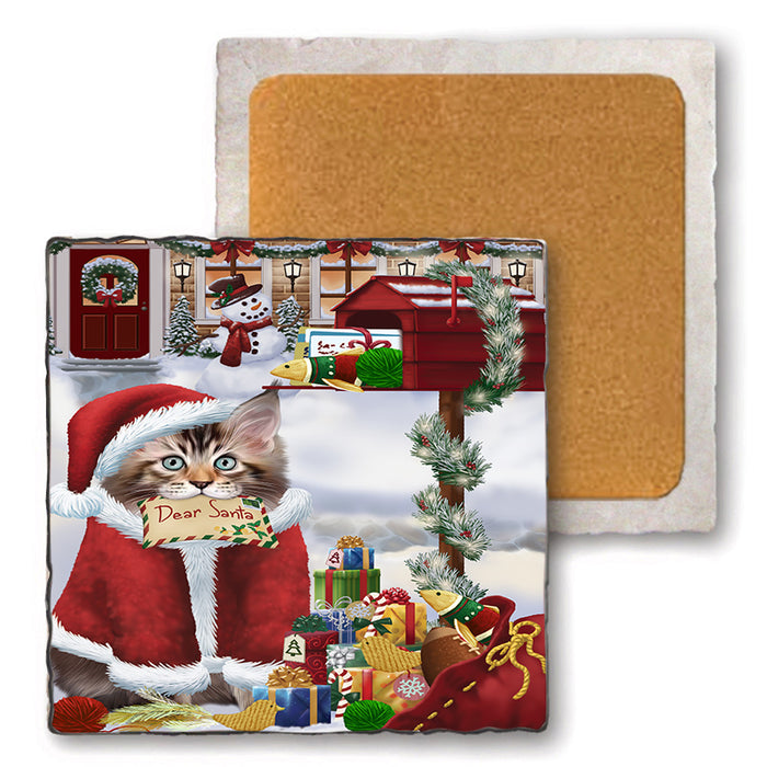Maine Coon Cat Dear Santa Letter Christmas Holiday Mailbox Set of 4 Natural Stone Marble Tile Coasters MCST48546