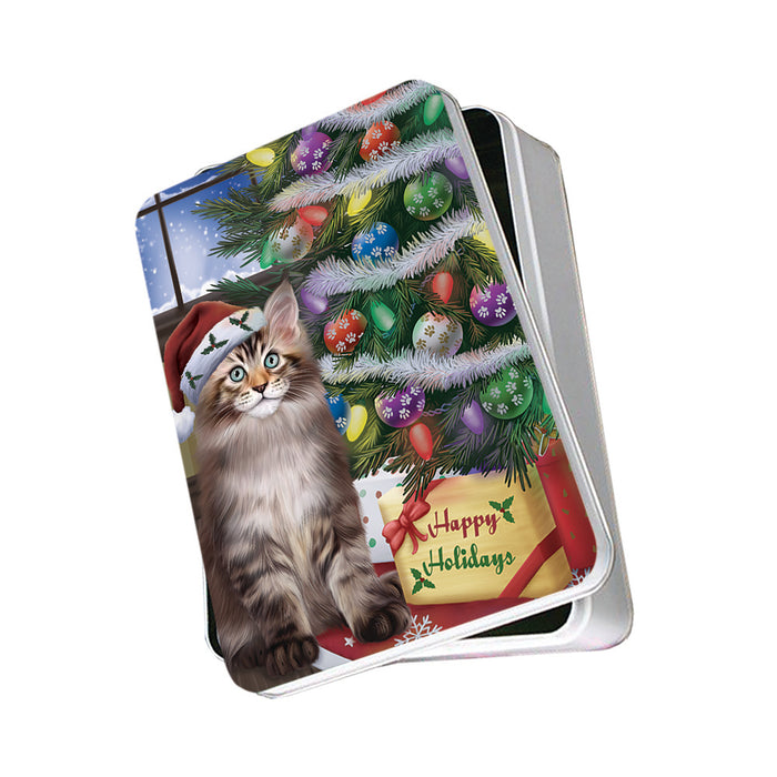 Christmas Happy Holidays Maine Coon Cat with Tree and Presents Photo Storage Tin PITN53465