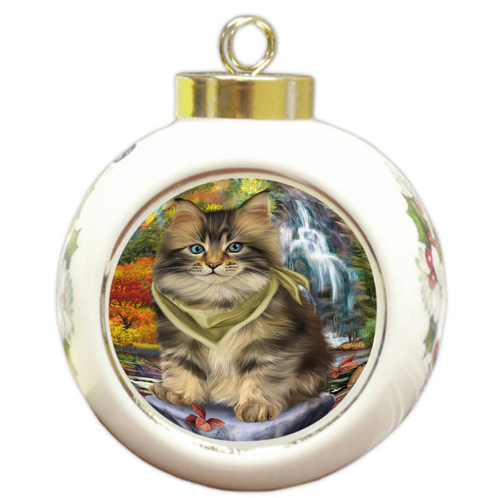 Scenic Waterfall Maine Coon Cat Round Ball Christmas Ornament RBPOR51916