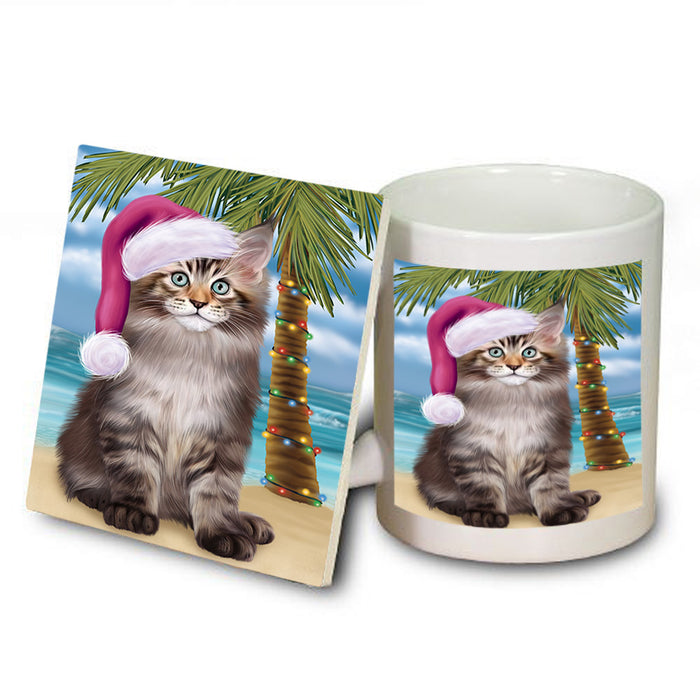 Summertime Happy Holidays Christmas Maine Coon Cat on Tropical Island Beach Mug and Coaster Set MUC54434