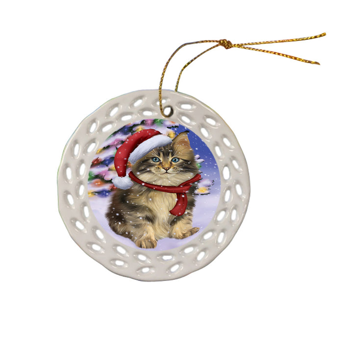Winterland Wonderland Maine Coon Cat In Christmas Holiday Scenic Background Ceramic Doily Ornament DPOR53768