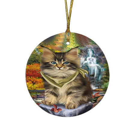 Scenic Waterfall Maine Coon Cat Round Flat Christmas Ornament RFPOR51907