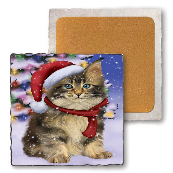 Winterland Wonderland Maine Coon Cat In Christmas Holiday Scenic Background Set of 4 Natural Stone Marble Tile Coasters MCST48768