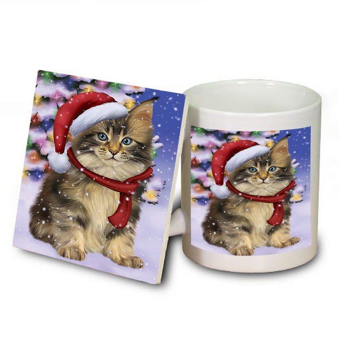 Winterland Wonderland Maine Coon Cat In Christmas Holiday Scenic Background Mug and Coaster Set MUC53760