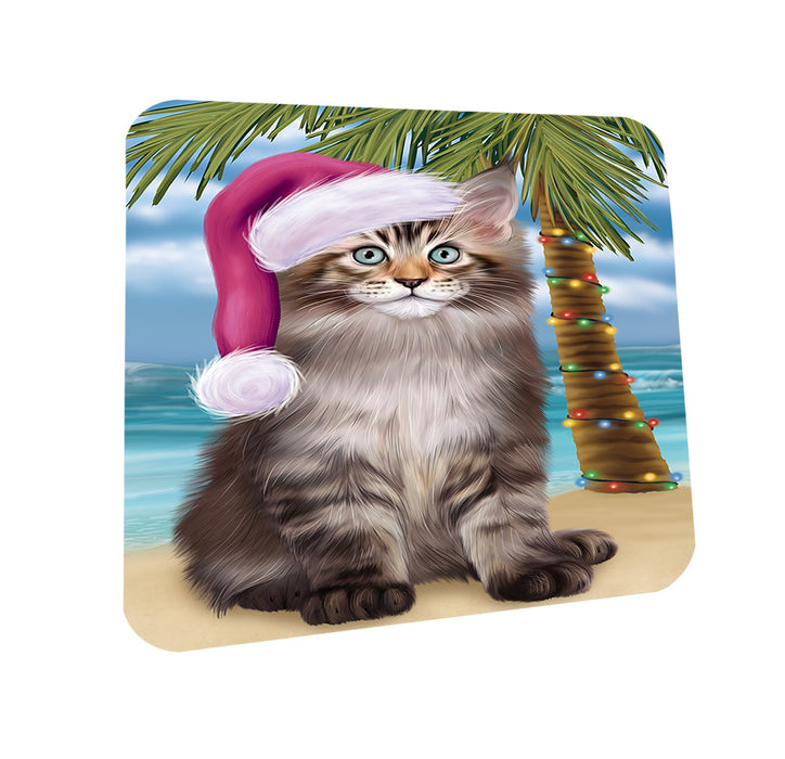 Summertime Happy Holidays Christmas Maine Coon Cat on Tropical Island Beach Coasters Set of 4 CST54400