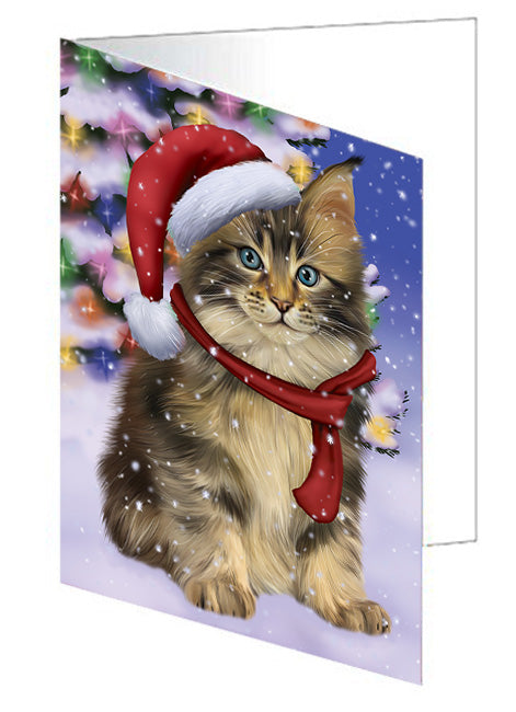 Winterland Wonderland Maine Coon Cat In Christmas Holiday Scenic Background Handmade Artwork Assorted Pets Greeting Cards and Note Cards with Envelopes for All Occasions and Holiday Seasons GCD65333