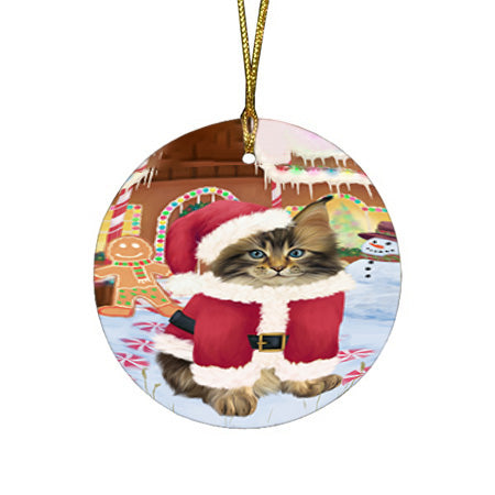 Christmas Gingerbread House Candyfest Maine Coon Cat Round Flat Christmas Ornament RFPOR56804