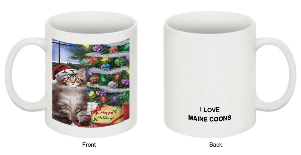 Christmas Happy Holidays Maine Coon Cat with Tree and Presents Coffee Mug MUG48863