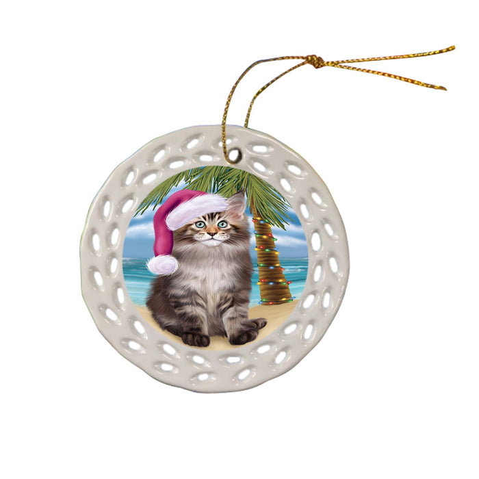 Summertime Happy Holidays Christmas Maine Coon Cat on Tropical Island Beach Ceramic Doily Ornament DPOR54570