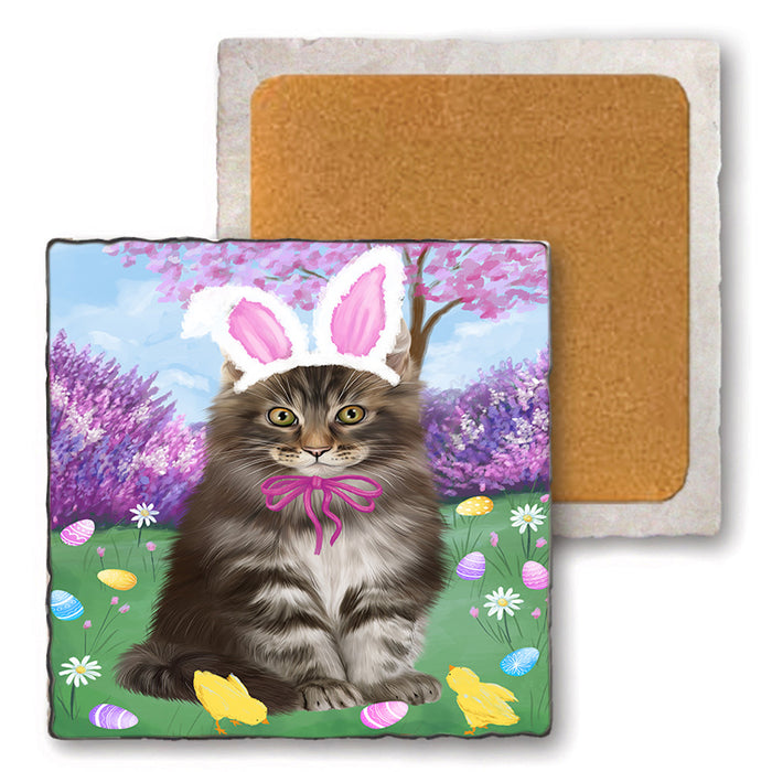 Easter Holiday Maine Coon Cat Set of 4 Natural Stone Marble Tile Coasters MCST51918