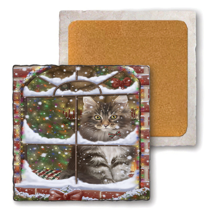 Please Come Home For Christmas Maine Coon Cat Sitting In Window Set of 4 Natural Stone Marble Tile Coasters MCST48639
