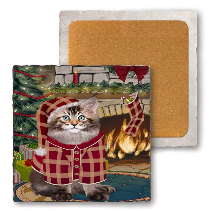 The Stocking was Hung Maine Coon Cat Set of 4 Natural Stone Marble Tile Coasters MCST50358